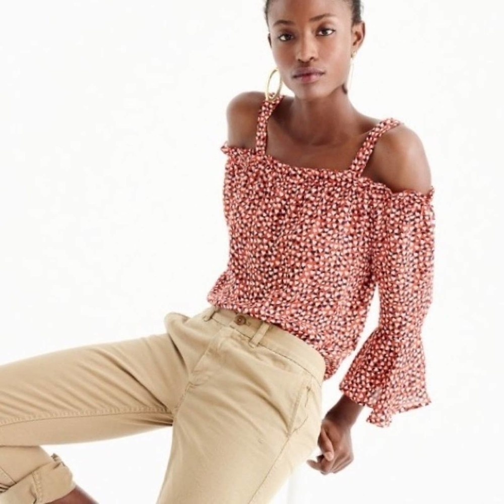 J Crew Silk Cold-Shoulder Top Heart Print Nwt